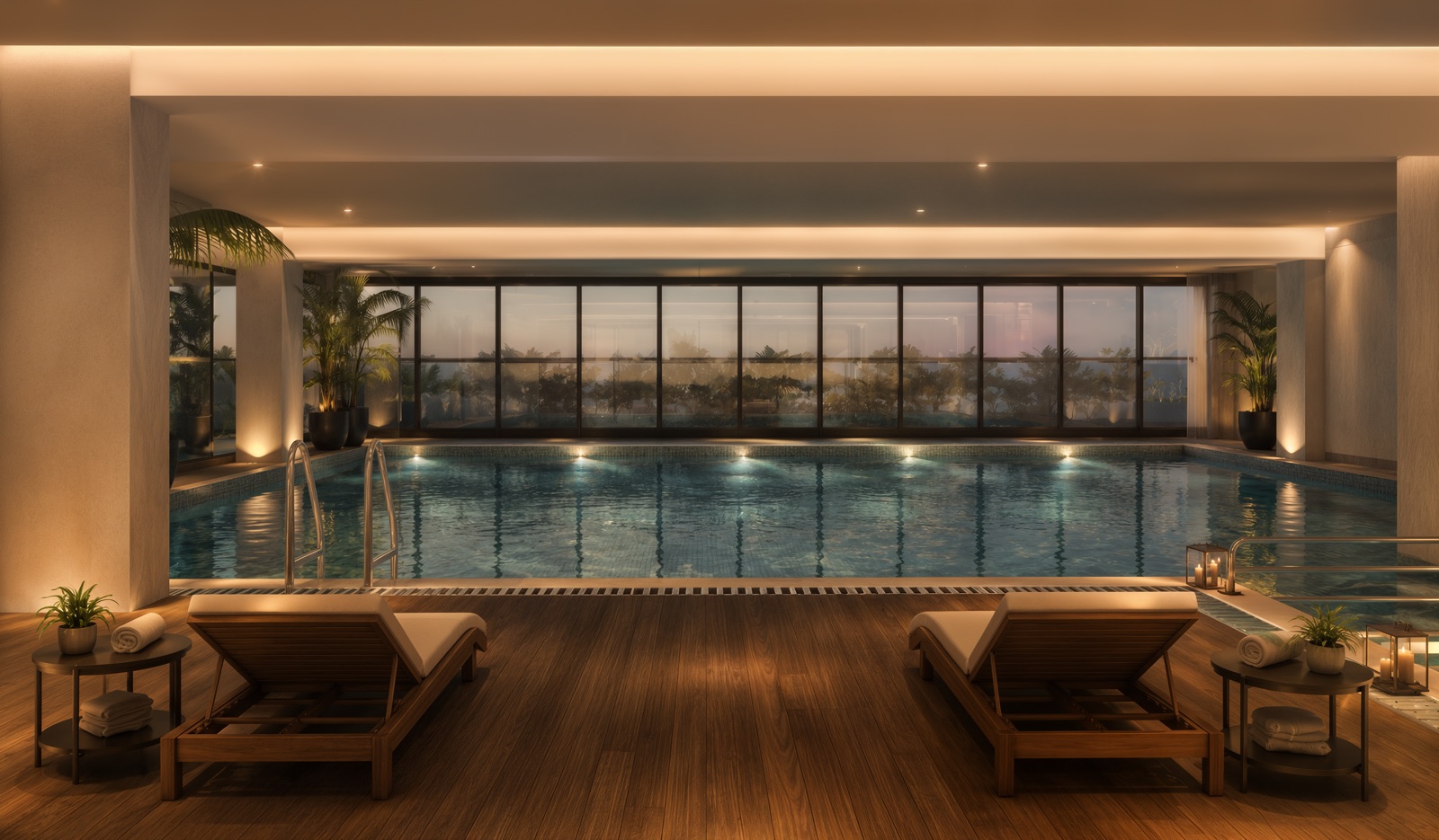 Club Nirvana — the indoor swimming pool and loungers in the evening