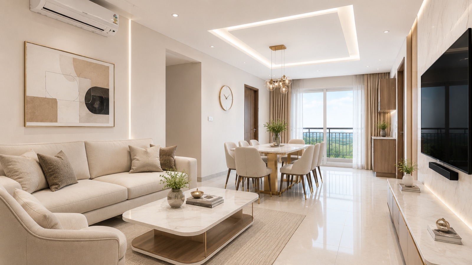Makuta Nirvana — a sunlit living and dining room opening to the balcony