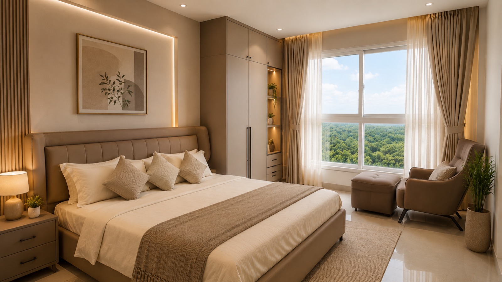 Makuta Nirvana — a second bedroom with warm light and a forest view