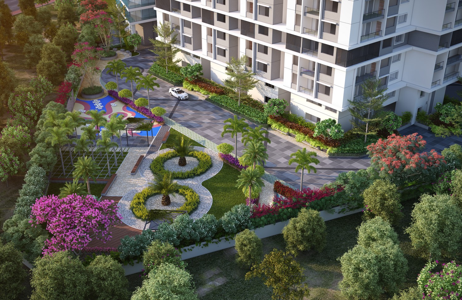 Makuta Nirvana — landscaped gardens and shaded walks at the base of the towers