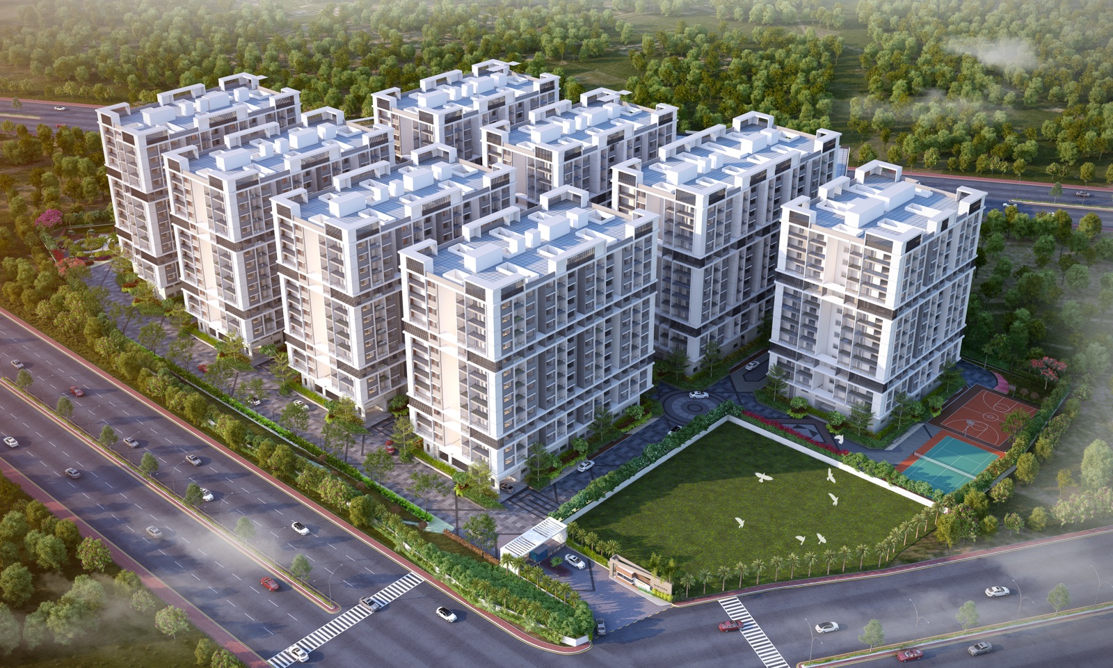 Makuta Nirvana — aerial view of the towers around the central green